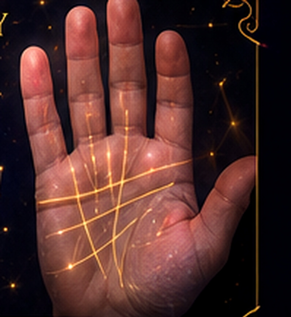 Open palm illuminated with golden line art